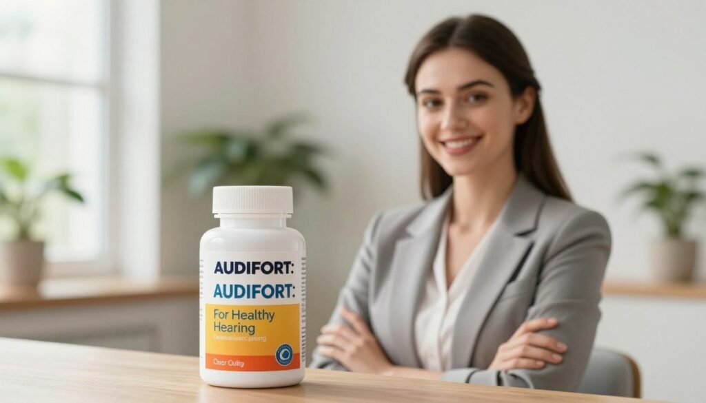 A visually appealing scene featuring the "AUDIFORT: For Healthy Hearing" supplement prominently displayed in the foreground. The product bottle is well-lit, showcasing its sleek design and vibrant labeling. In the middle ground, a smiling young woman in professional business attire stands beside the product, exuding confidence and approachability. She has white skin, beautiful features, and an inviting expression, embodying a sense of health and wellness. The background is softly blurred, capturing a serene, light-filled room with green plants, suggesting a peaceful atmosphere. Natural light spills in from a window, creating a warm and inviting ambiance. The overall mood conveys comfort and assurance in hearing support, aimed at promoting the benefits of AUDIFORT. A visually appealing scene featuring the "AUDIFORT: For Healthy Hearing" supplement prominently displayed in the foreground. The product bottle is well-lit, showcasing its sleek design and vibrant labeling. In the middle ground, a smiling young woman in professional business attire stands beside the product, exuding confidence and approachability. She has white skin, beautiful features, and an inviting expression, embodying a sense of health and wellness. The background is softly blurred, capturing a serene, light-filled room with green plants, suggesting a peaceful atmosphere. Natural light spills in from a window, creating a warm and inviting ambiance. The overall mood conveys comfort and assurance in hearing support, aimed at promoting the benefits of AUDIFORT.
